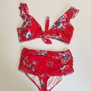 COCOSHIP Red Floral Ruffle Strap High Waisted Bikini Set Size 14